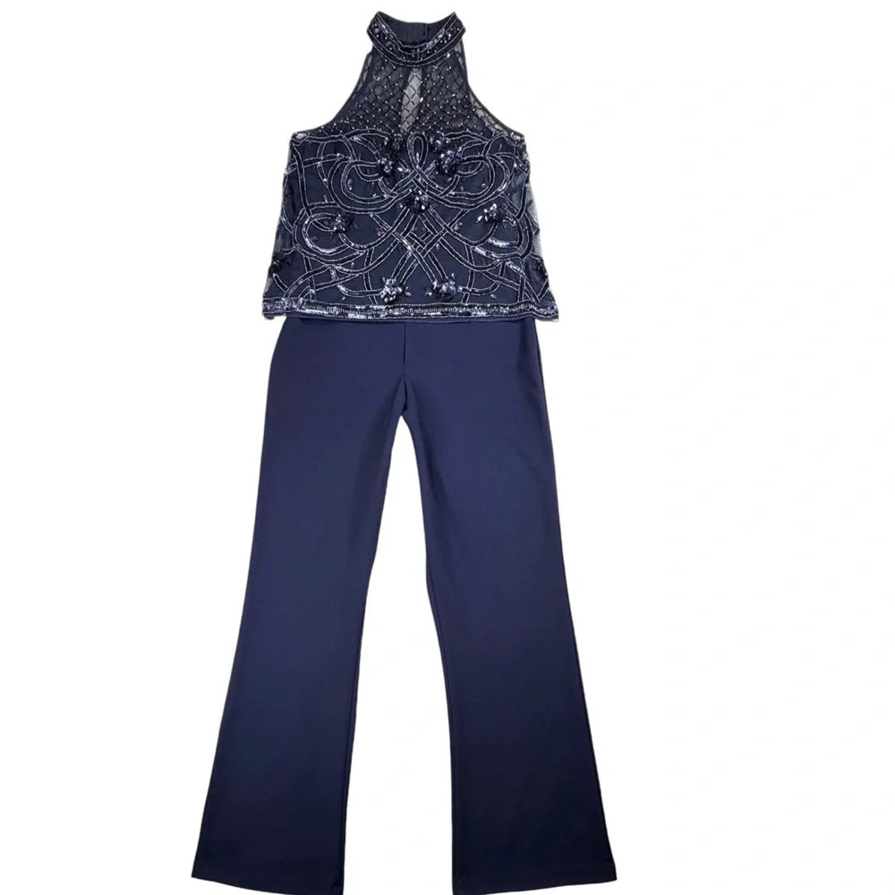 Aidan Mattox Beaded Halter Top Jumpsuit. Navy Blue. Beaded Sequin wedding gala 6